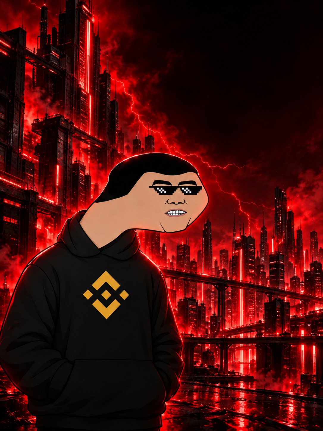 The SAFU character in pixel sunglasses against a glowing red skyline